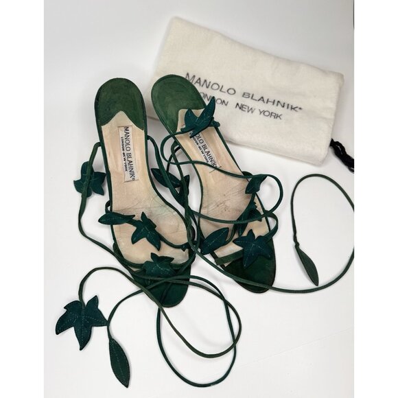 Vintage Manolo Blahnik Size 39 Kitten Heels Ivy Leaf Green Suede - Picture 1 of 12